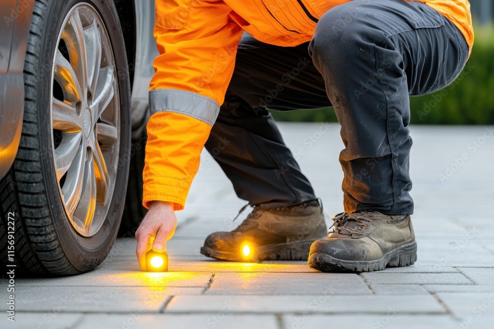 Car Insurance Concept: Worker inspecting a vehicle tire with a flashlight on a paved surface. Car Insurance Concept: Worker inspecting a vehicle tire with a flashlight on a paved surface.