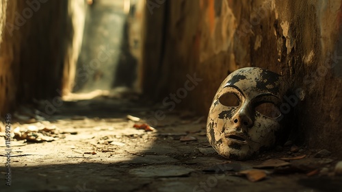 A cracked mask lying on the ground in a shadowy alley, with an empty corner of the scene for text.