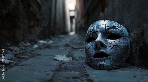 A cracked mask lying on the ground in a shadowy alley, with an empty corner of the scene for text.