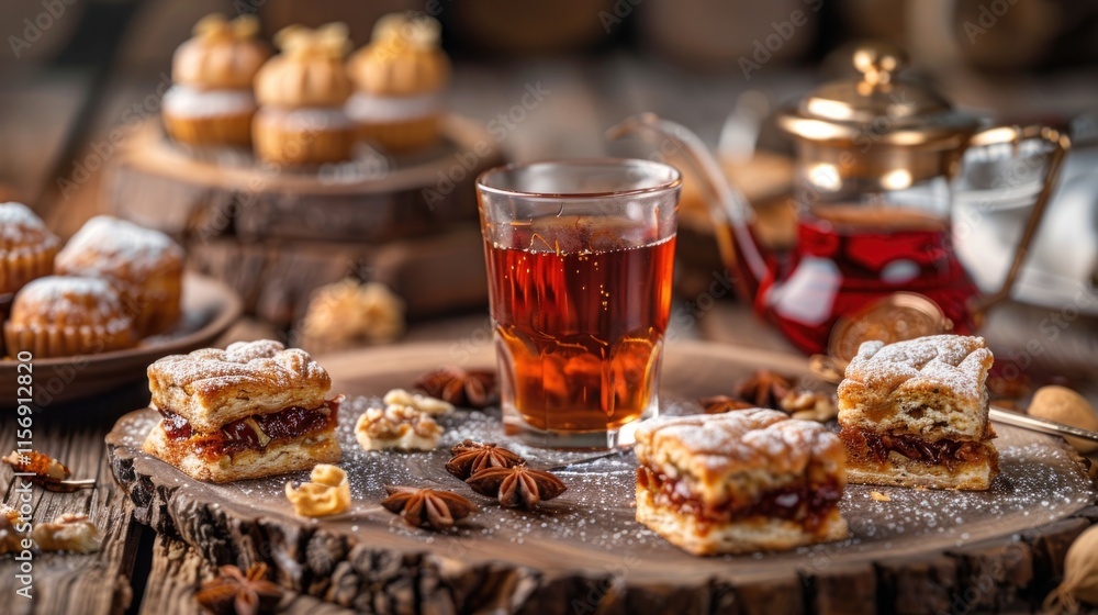 Cup of tea with cookies and nuts on a wooden background. Cup of tea with cookies and nuts on a wooden background.