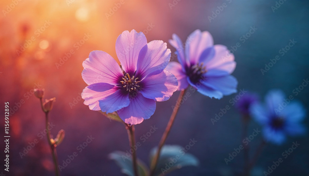 Fototapeta premium Two purple flowers are in a field with a blue sky in the background. The flowers are in full bloom and are surrounded by green grass. The scene is peaceful and serene, with the flowers