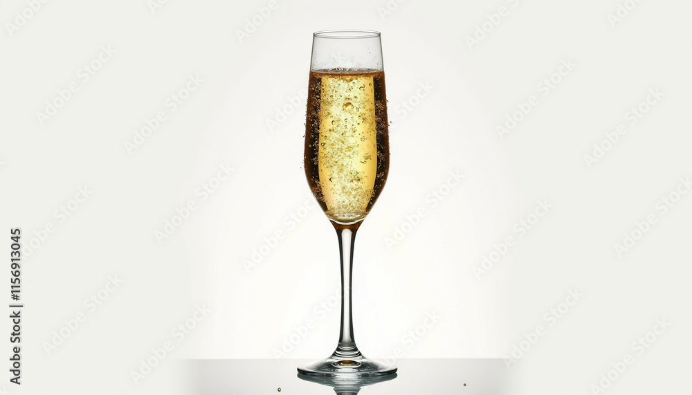 A tall champagne flute filled with sparkling golden champagne bubbles rising. A tall champagne flute filled with sparkling golden champagne bubbles rising.