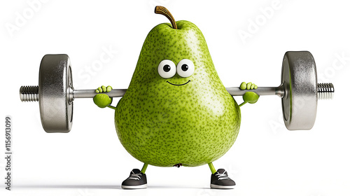 A cute pear with big eyes and a friendly smile is lifting a barbell on white background