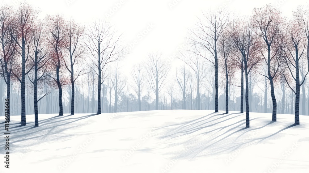 Snowy winter landscape with leafless trees casting long shadows on a snow-covered ground. Snowy winter landscape with leafless trees casting long shadows on a snow-covered ground.