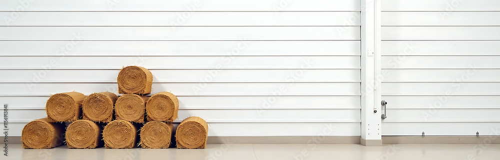 White Wooden Wall In A Warehouse Setting Features Straw Packing Material Stacked Neatly Against It. 00001 White Wooden Wall In A Warehouse Setting Features Straw Packing Material Stacked Neatly Against It. 00001