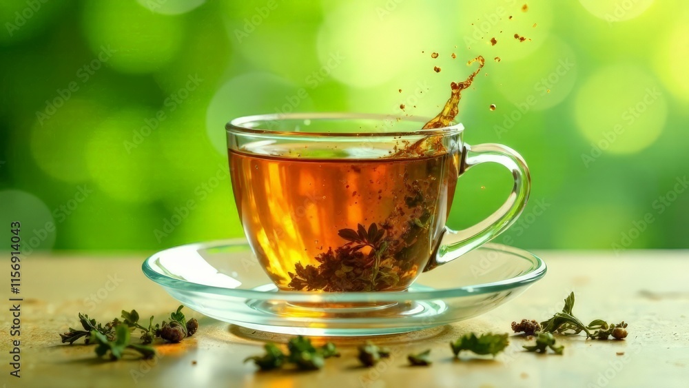 Herbal tea in a transparent mug on a green background with bokeh. Herbal tea in a transparent mug on a green background with bokeh.