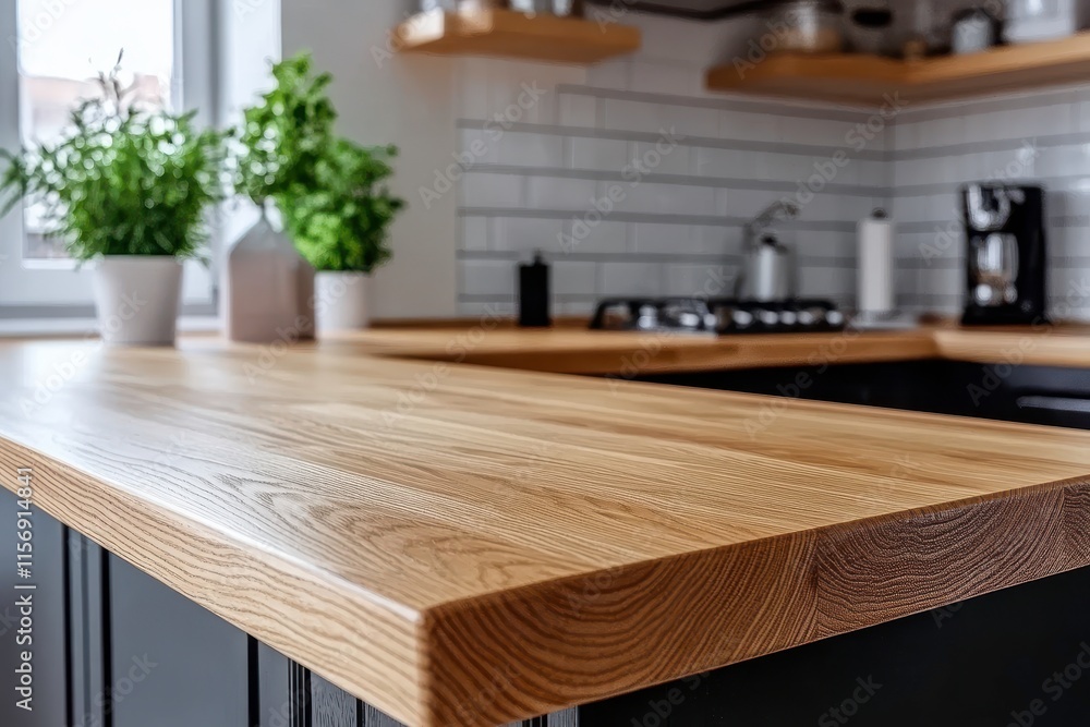 Serene Modern Kitchen with Wooden Countertop and Lush Green Plants in Stylish Minimalist Interior Design Serene Modern Kitchen with Wooden Countertop and Lush Green Plants in Stylish Minimalist Interior Design