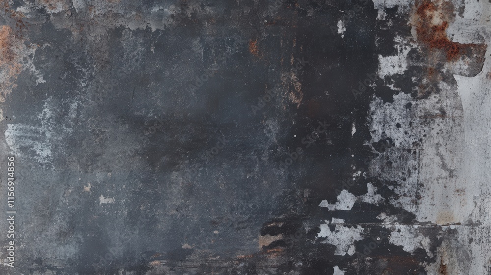 Fototapeta premium A collection of dark gray industrial textures featuring rust spots, peeling paint, and weathered surfaces. Subtle cracks and scratches create a grunge-inspired urban aesthetic. Background