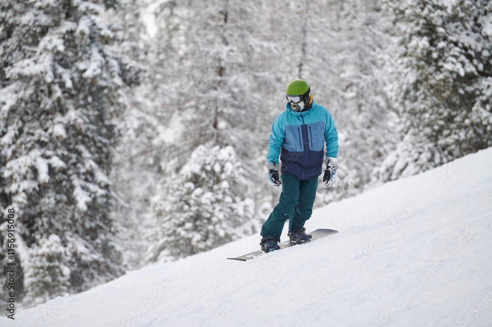 Generated imageActive snowboarder wearing vibrant winter gear enjoying a thrilling descent on a snow-covered slope surrounded by frosted trees in the Alps Generated imageActive snowboarder wearing vibrant winter gear enjoying a thrilling descent on a snow-covered slope surrounded by frosted trees in the Alps