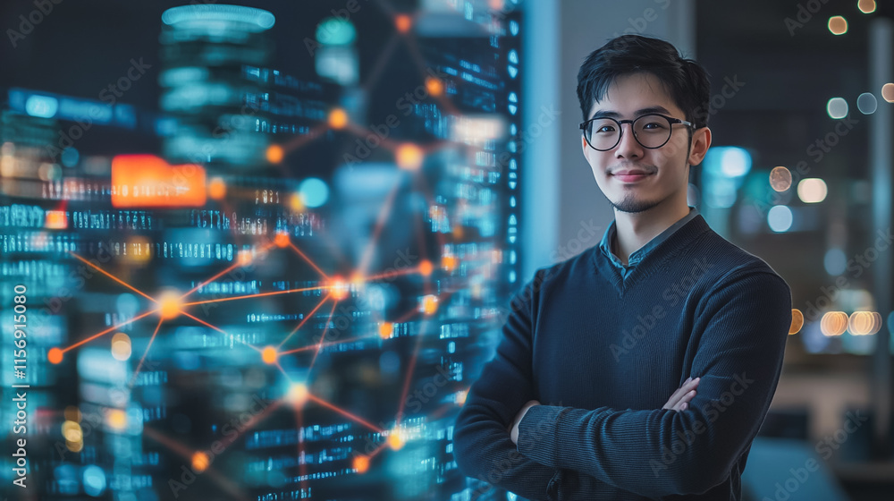 Smart digital Innovation city with connection network reciprocity over the cityscape. of future smart wireless city and social media networking systems that connects business people with in city