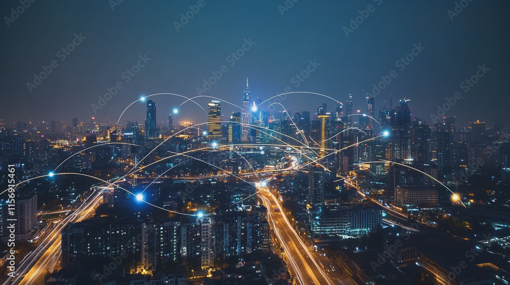 Fototapeta premium Smart digital Innovation city with connection network reciprocity over the cityscape. of future smart wireless digital city and social media networking systems that connects people with in city