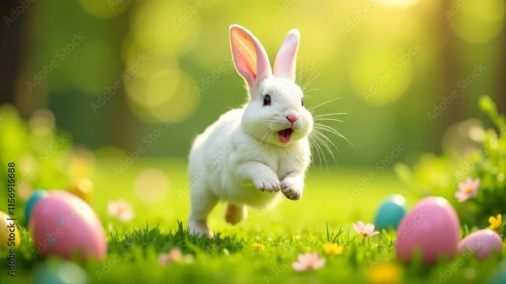 Happy white Easter bunny dancing in the garden with colored eggs. Happy white Easter bunny dancing in the garden with colored eggs.