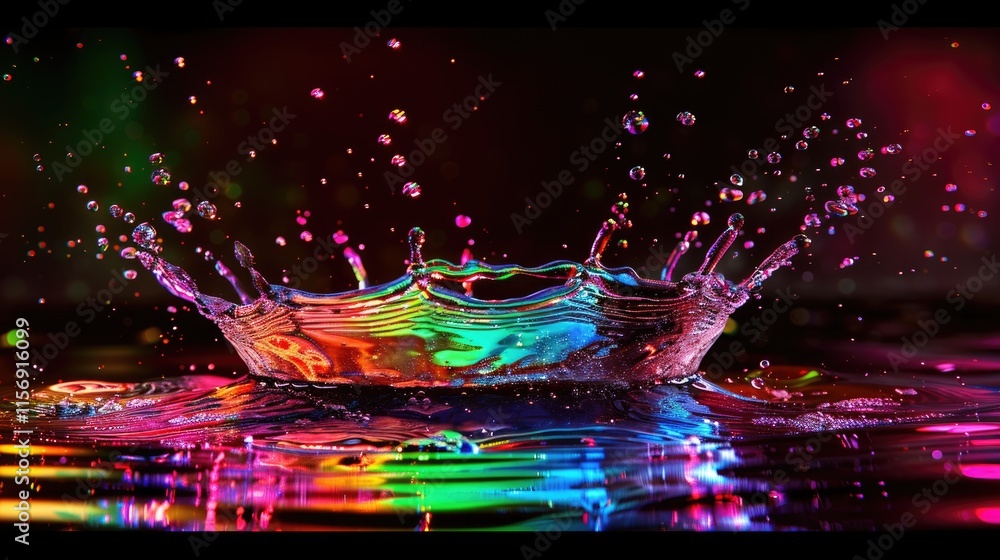 A vibrant water splash creating a crown shape, illuminated by a spectrum of lights A vibrant water splash creating a crown shape, illuminated by a spectrum of lights