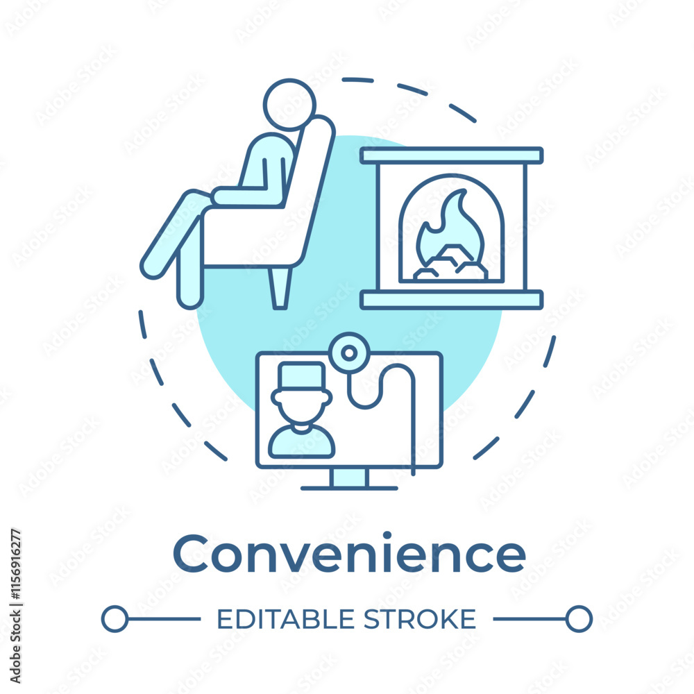 Convenience soft blue concept icon. Accessing healthcare facility from home. Benefit of telehealth service. Round shape line illustration. Abstract idea. Graphic design. Easy to use in booklet Convenience soft blue concept icon. Accessing healthcare facility from home. Benefit of telehealth service. Round shape line illustration. Abstract idea. Graphic design. Easy to use in booklet