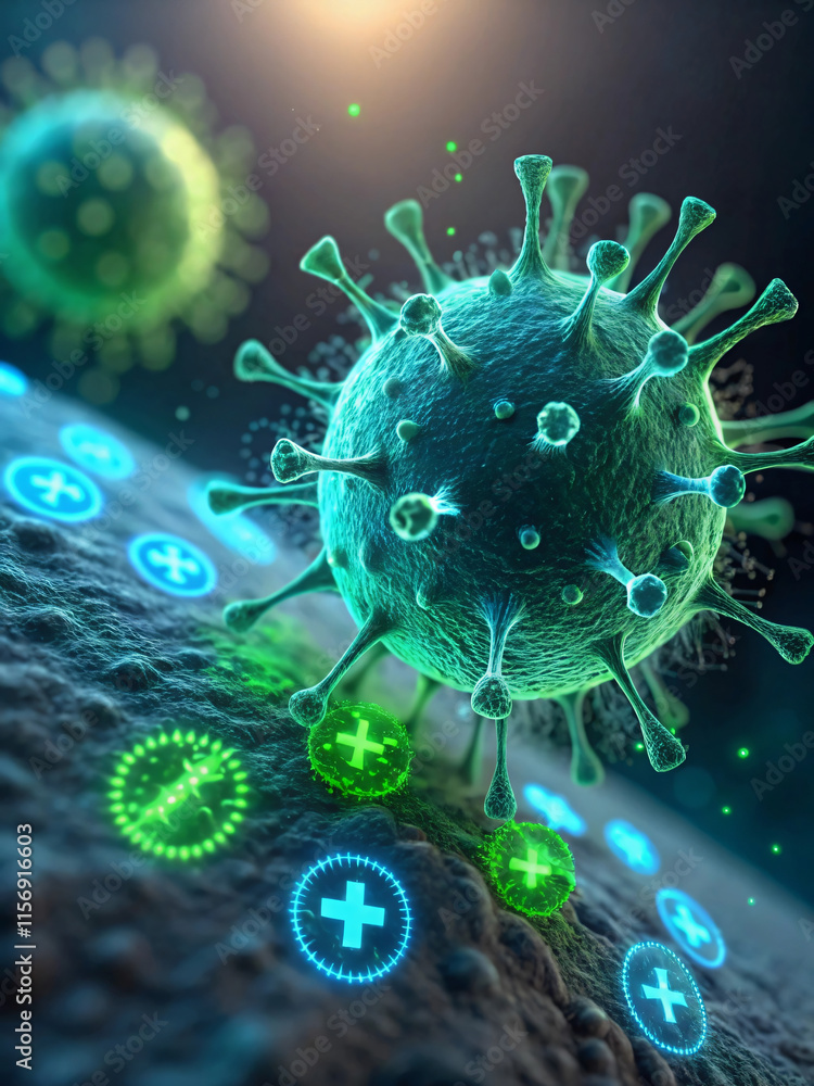 Digital illustration of virus with glowing elements, representing infection Digital illustration of virus with glowing elements, representing infection