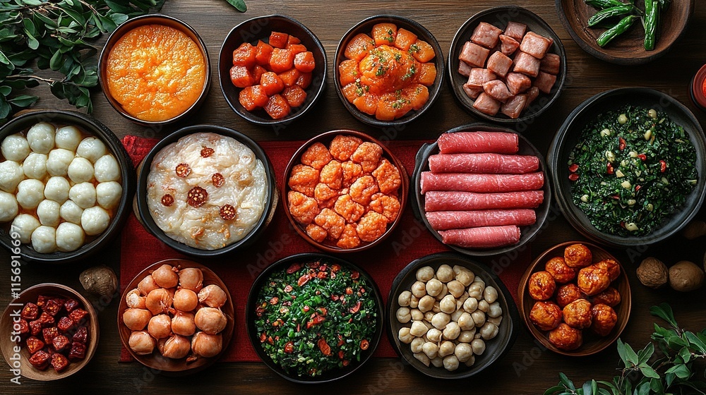 A vibrant spread of various dishes showcasing a festive meal. A vibrant spread of various dishes showcasing a festive meal.