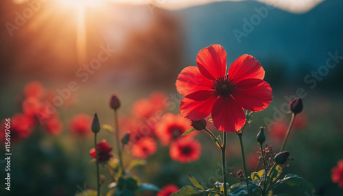 Fototapeta Naklejka Na Ścianę i Meble -  A field of red flowers with the sun shining on them. The sun is in the background and the flowers are in the foreground