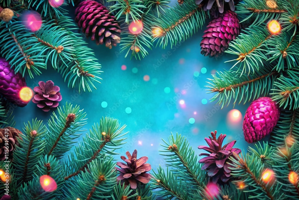 Naklejka premium Festive Neon Pine Branches & Cones Christmas Background - Winter Holiday Decor