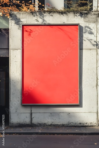 A mock-up of an advertisment display board with a red frame and dark gray background, set on the side of an office building