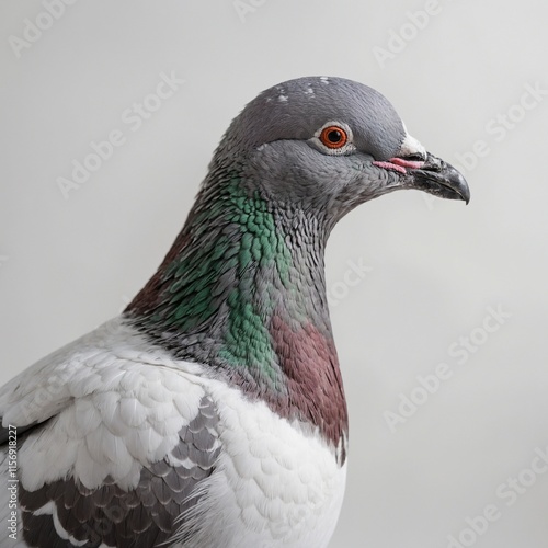 pigeon close upA graceful pigeon with light gray and white feathers, gently resting against a white background. photo