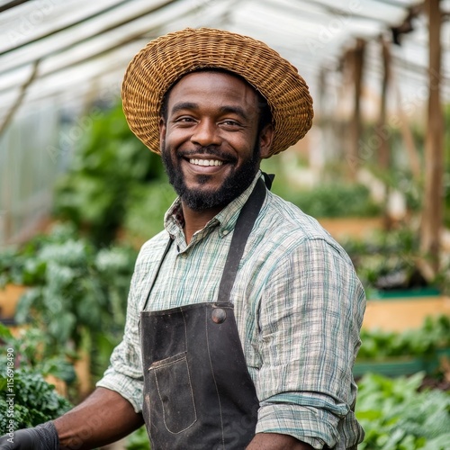 Black male farmer smiled kindly at organic nursery veggie plots. photo