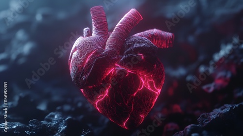 Close-up of a Glowing Human Heart with Visible Veins, Set Against a Dark, Mysterious Background

 photo