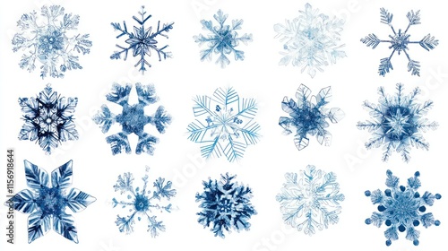 Collection of unique blue snowflakes on white.