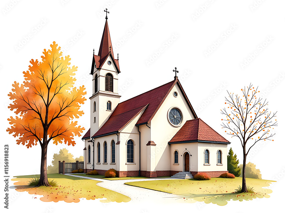 Watercolor Painting Of A Catholic Church On A White Autumnal Background Is Ideal For A Beautiful Wedding Scene. 00002 Watercolor Painting Of A Catholic Church On A White Autumnal Background Is Ideal For A Beautiful Wedding Scene. 00002