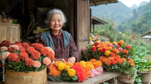 Elderly Asian woman smiles, selling colorful flowers at her rural shop.