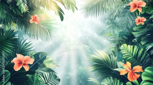 Lush tropical foliage with vibrant hibiscus flowers and sunbeams.