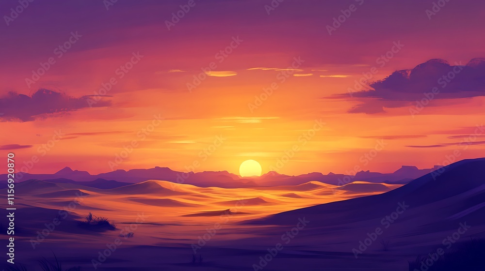 Obraz premium Vibrant Digital Painting: Desert Sunset Landscape Illustration. AI Generated