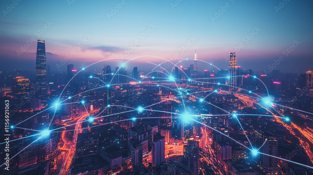 Smart digital Innovation city with connection network reciprocity over the cityscape. of future smart wireless digital city and social media networking systems that connects people with in city Smart digital Innovation city with connection network reciprocity over the cityscape. of future smart wireless digital city and social media networking systems that connects people with in city