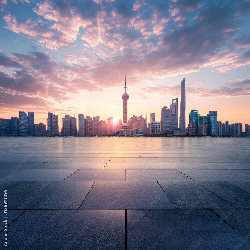 Empty square floor & sunset buildings Empty square floor & sunset buildings