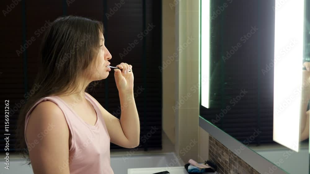 Young woman standing in modern bathroom, carefully brushing teeth while examining her reflection, embodying daily personal hygiene and wellness routine