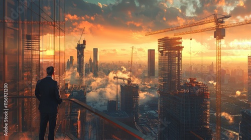 Man Contemplates Cityscape Under Construction at Sunset photo