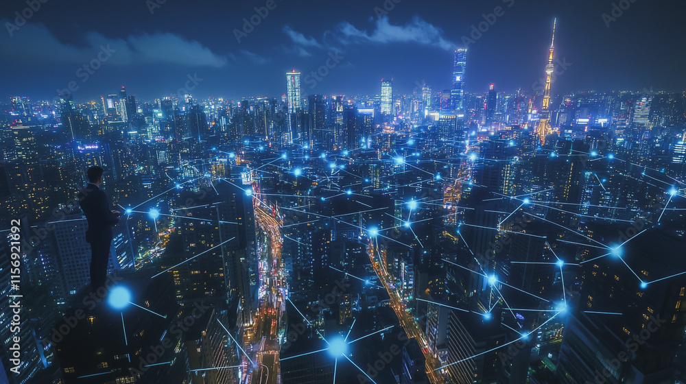 Smart digital Innovation city with connection network reciprocity over the cityscape. of future smart wireless digital city and social media networking systems that connects people with in city Smart digital Innovation city with connection network reciprocity over the cityscape. of future smart wireless digital city and social media networking systems that connects people with in city