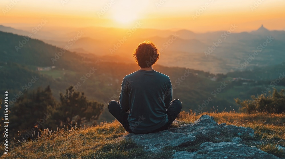 Obraz premium Sunset Meditation: Finding Peace Amidst the Mountains