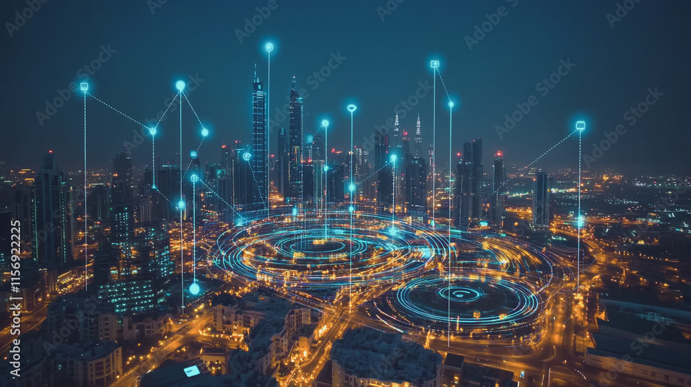 Fototapeta premium Smart digital Innovation city with connection network reciprocity over the cityscape. of future smart wireless digital city and social media networking systems that connects people with in city