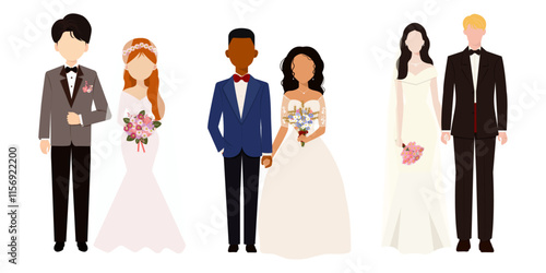 Wedding couples.  Bride and groom, couple marriage ceremony. Just married love couple, newlyweds. Flat design style vector illustration