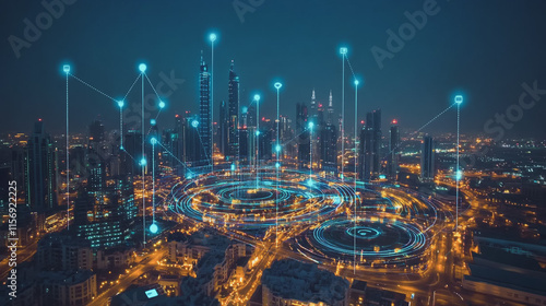 Wallpaper Mural Smart digital Innovation city with connection network reciprocity over the cityscape. of future smart wireless digital city and social media networking systems that connects people with in city Torontodigital.ca