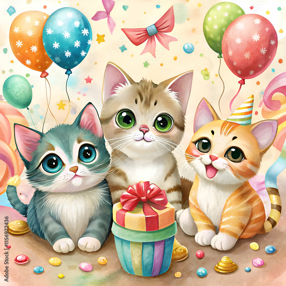 Fototapeta premium Three adorable kittens celebrate a birthday with balloons and a gift.