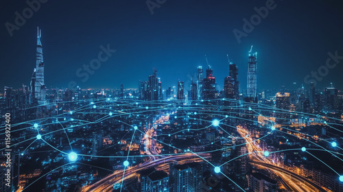 Wallpaper Mural Smart digital Innovation city with connection network reciprocity over the cityscape. of future smart wireless digital city and social media networking systems that connects people with in city Torontodigital.ca