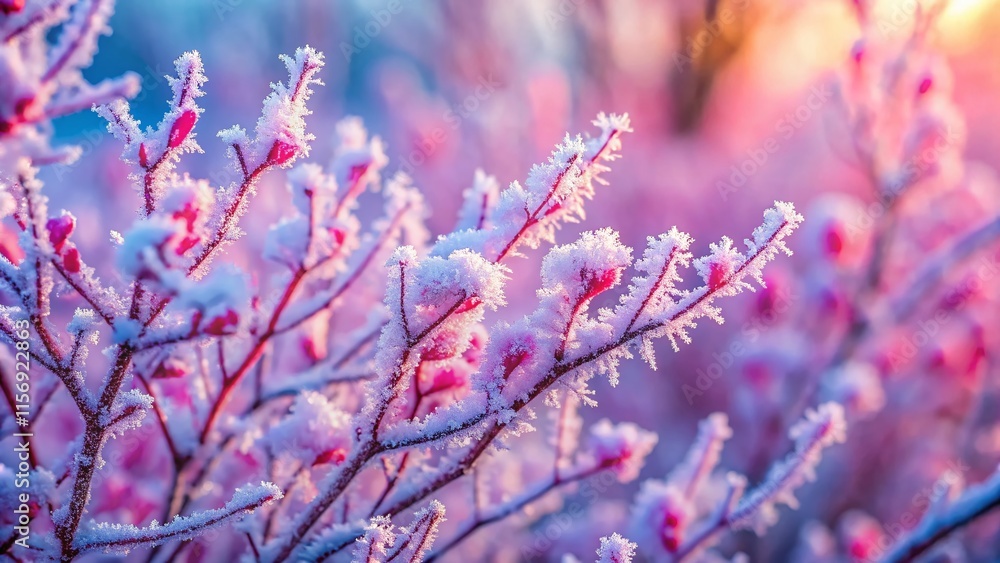 Frosty Pink Hedge Branches, Winter Wonderland Bokeh Background Frosty Pink Hedge Branches, Winter Wonderland Bokeh Background