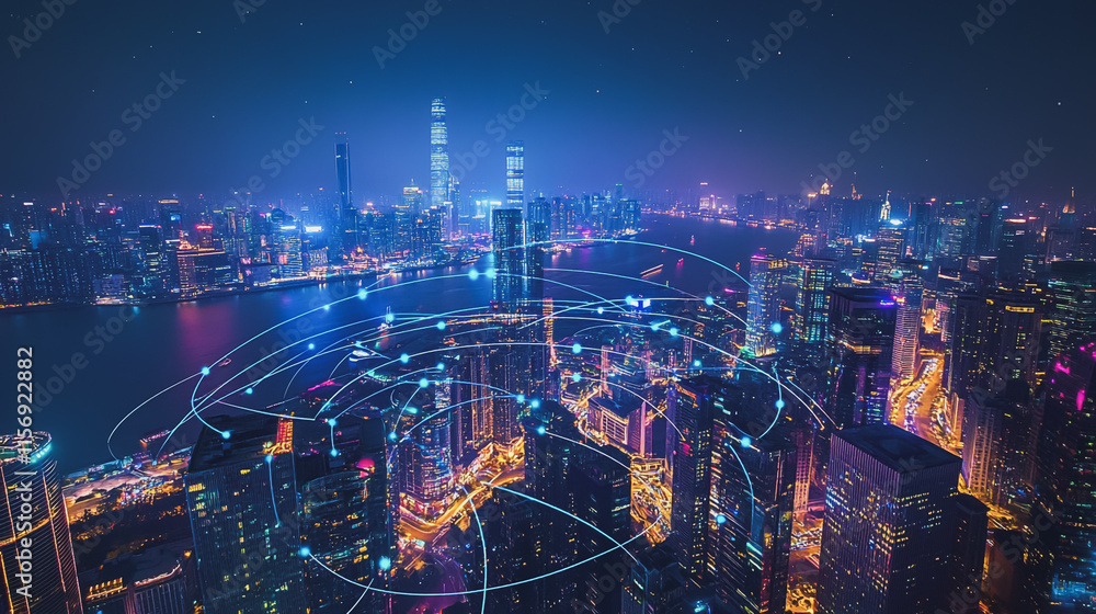 Smart digital Innovation city with connection network reciprocity over the cityscape. of future smart wireless digital city and social media networking systems that connects people with in city Smart digital Innovation city with connection network reciprocity over the cityscape. of future smart wireless digital city and social media networking systems that connects people with in city