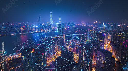 Wallpaper Mural Smart digital Innovation city with connection network reciprocity over the cityscape. of future smart wireless digital city and social media networking systems that connects people with in city Torontodigital.ca