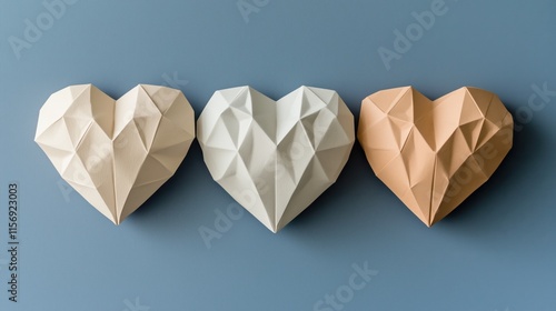 Drei geometrische Papierherzen in Creme und Kupfer