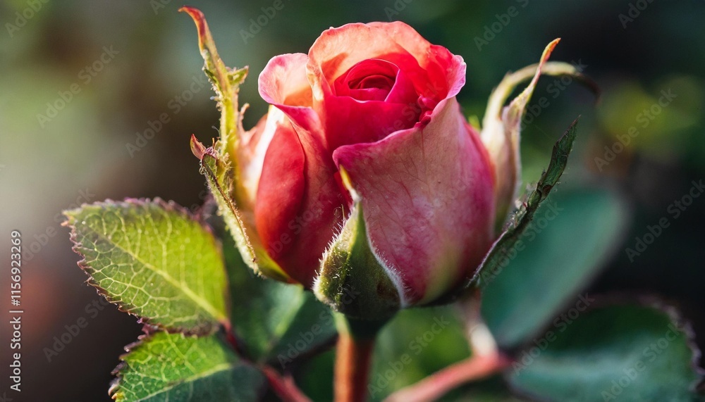 Detailed shot of a rosebud opening up with soft light highlighting the edges Detailed shot of a rosebud opening up with soft light highlighting the edges