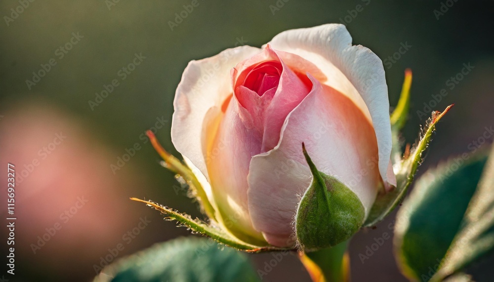 Detailed shot of a rosebud opening up with soft light highlighting the edges Detailed shot of a rosebud opening up with soft light highlighting the edges