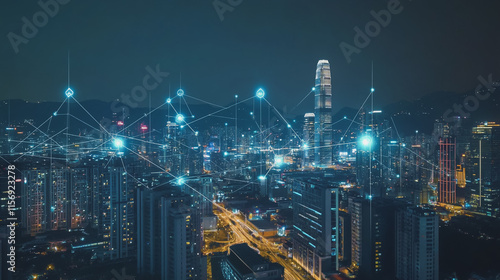 Wallpaper Mural Smart digital Innovation city with connection network reciprocity over the cityscape. of future smart wireless digital city and social media networking systems that connects people with in city Torontodigital.ca