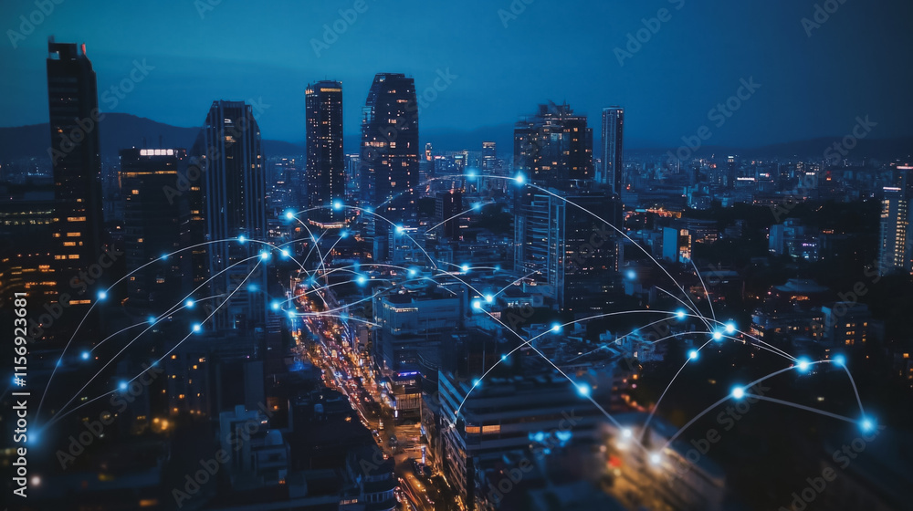 Fototapeta premium Smart digital Innovation city with connection network reciprocity over the cityscape. of future smart wireless digital city and social media networking systems that connects people with in city